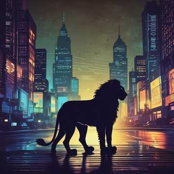 Lion in a neon city album-cover illustration