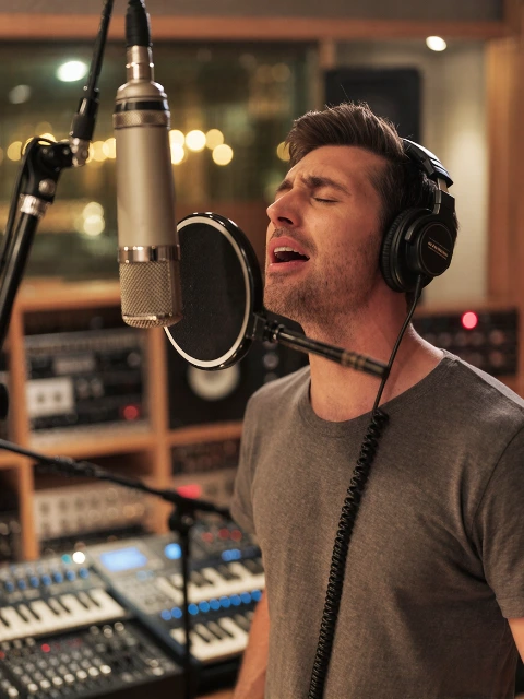 Illustrative photograph of a singer wearing headphones at a microphone