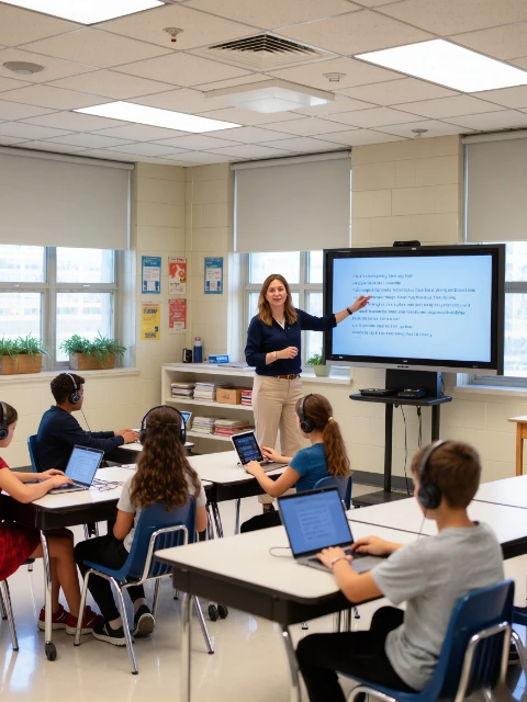 Illustrative photograph of a teacher and students working with audio