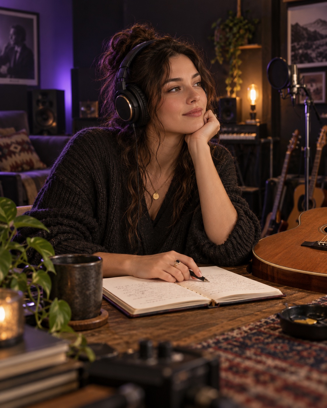 Illustrative photograph of a music editor listening to a recording