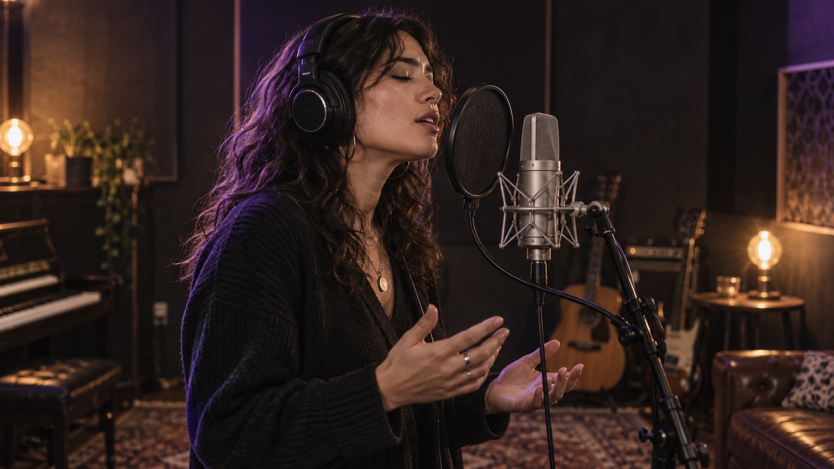 Illustrative photograph of a vocalist recording with a studio microphone