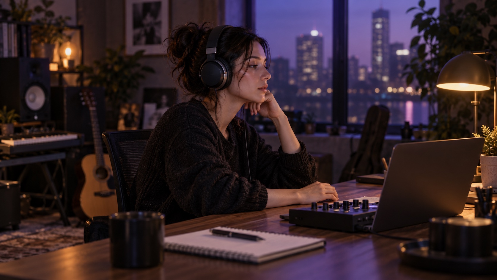 Illustrative photograph of a music editor listening to a recording