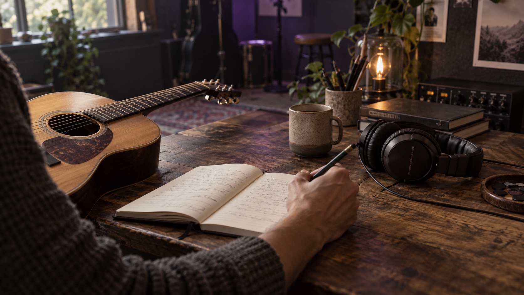 Illustrative photograph of a songwriter working beside a guitar and headphones